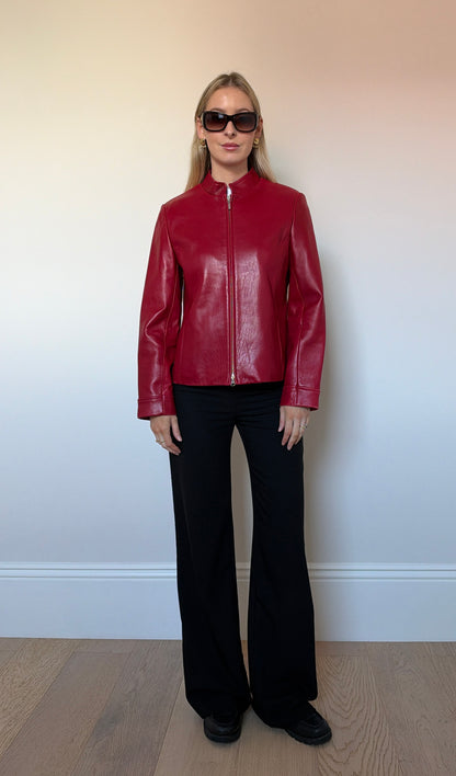 Vintage red leather double zip jacket