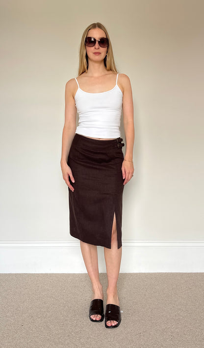 Vintage brown linen buckle midi skirt