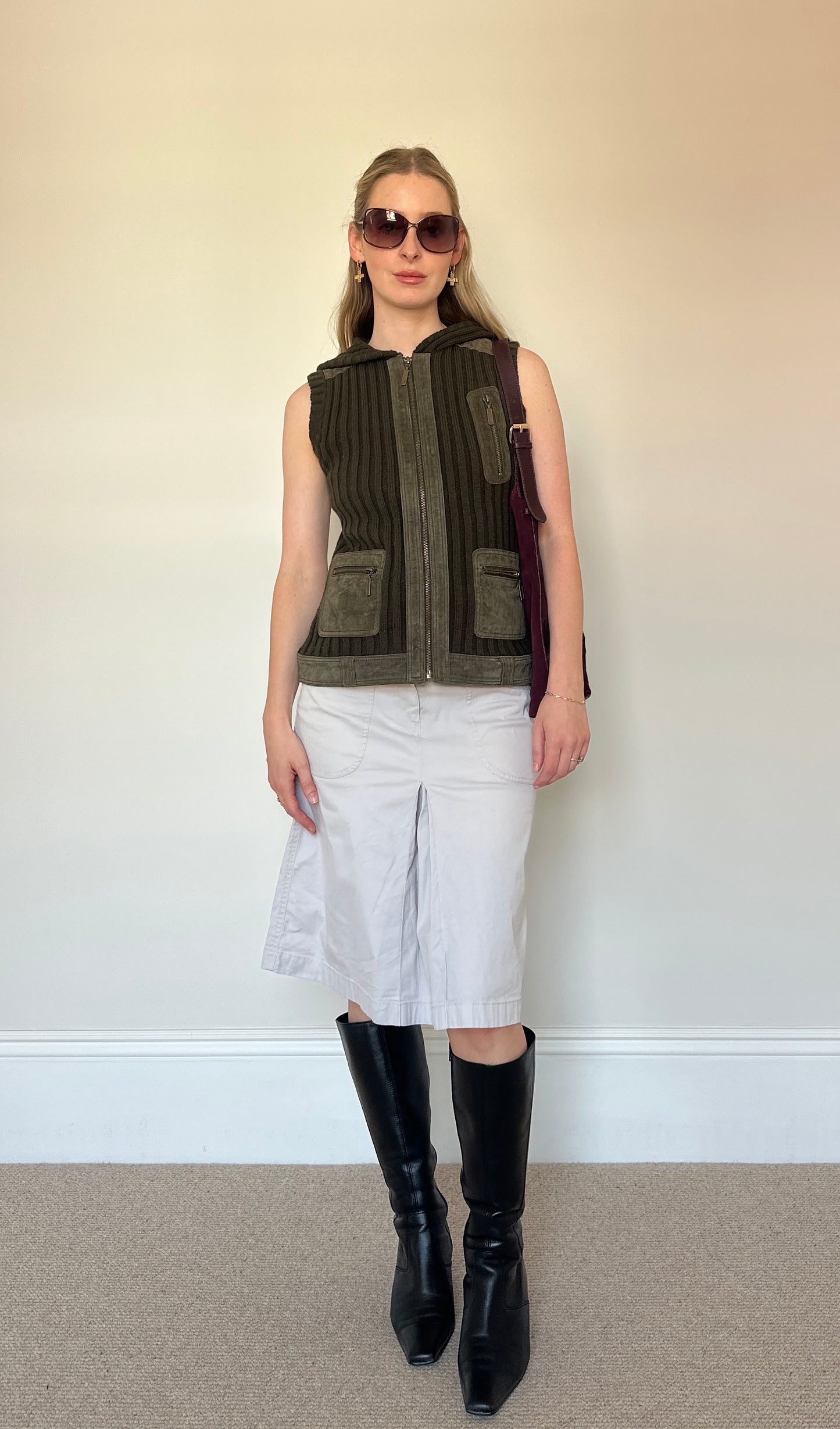 Vintage knit & suede sleeveless jumper