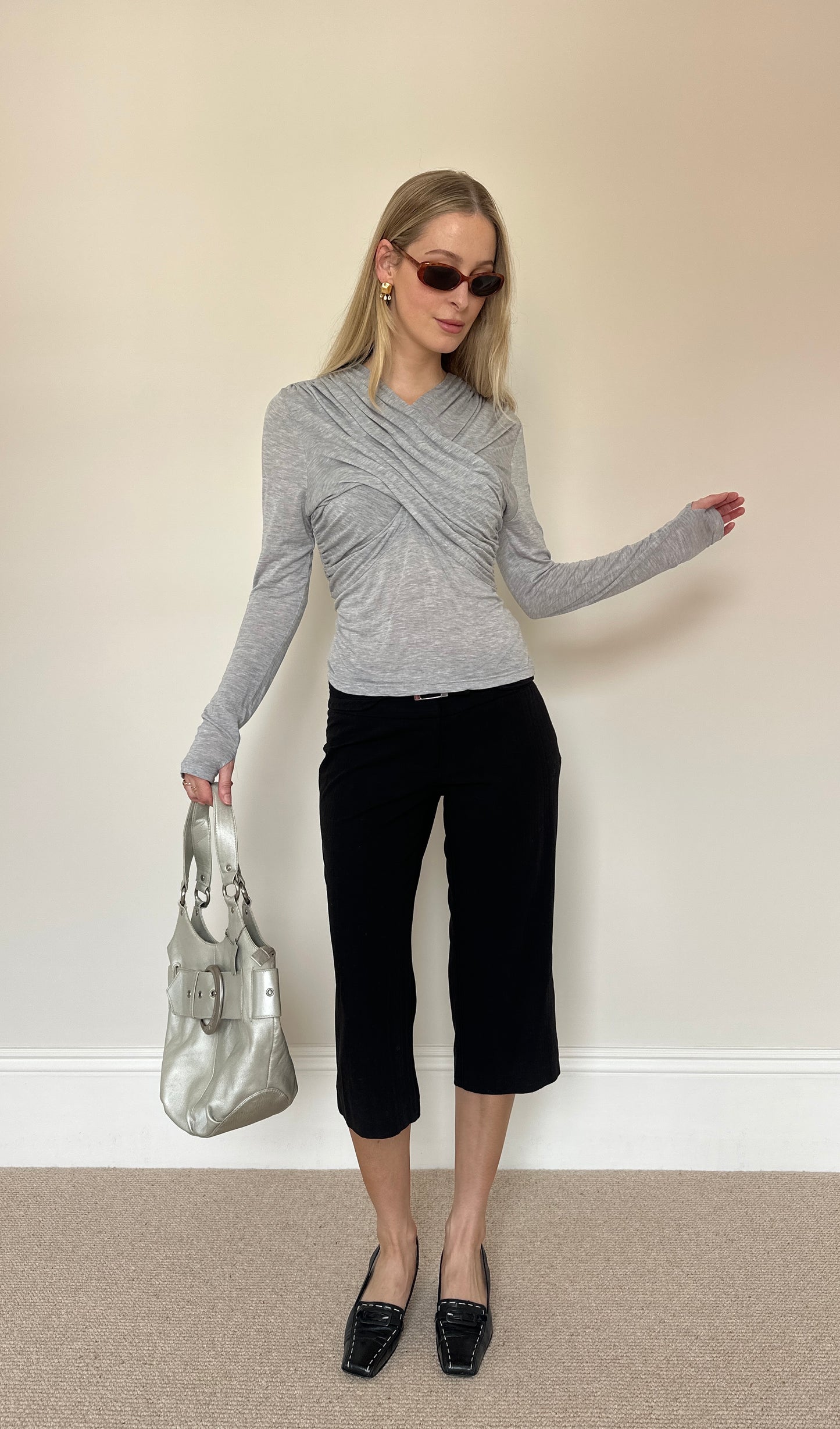 00s Grey Drape Long-sleeve Top