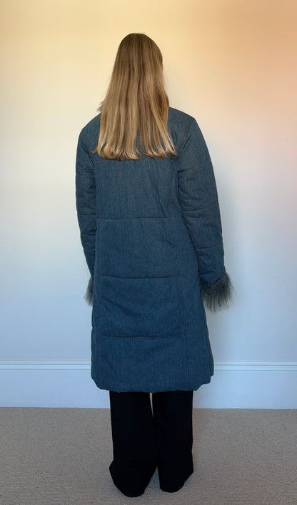 Vintage denim mongolian fur puffer coat