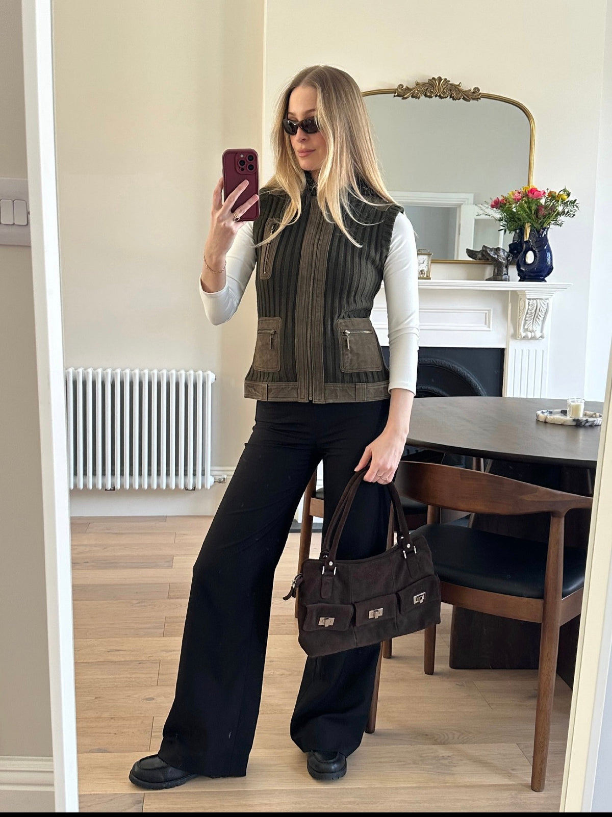 Vintage knit & suede sleeveless jumper
