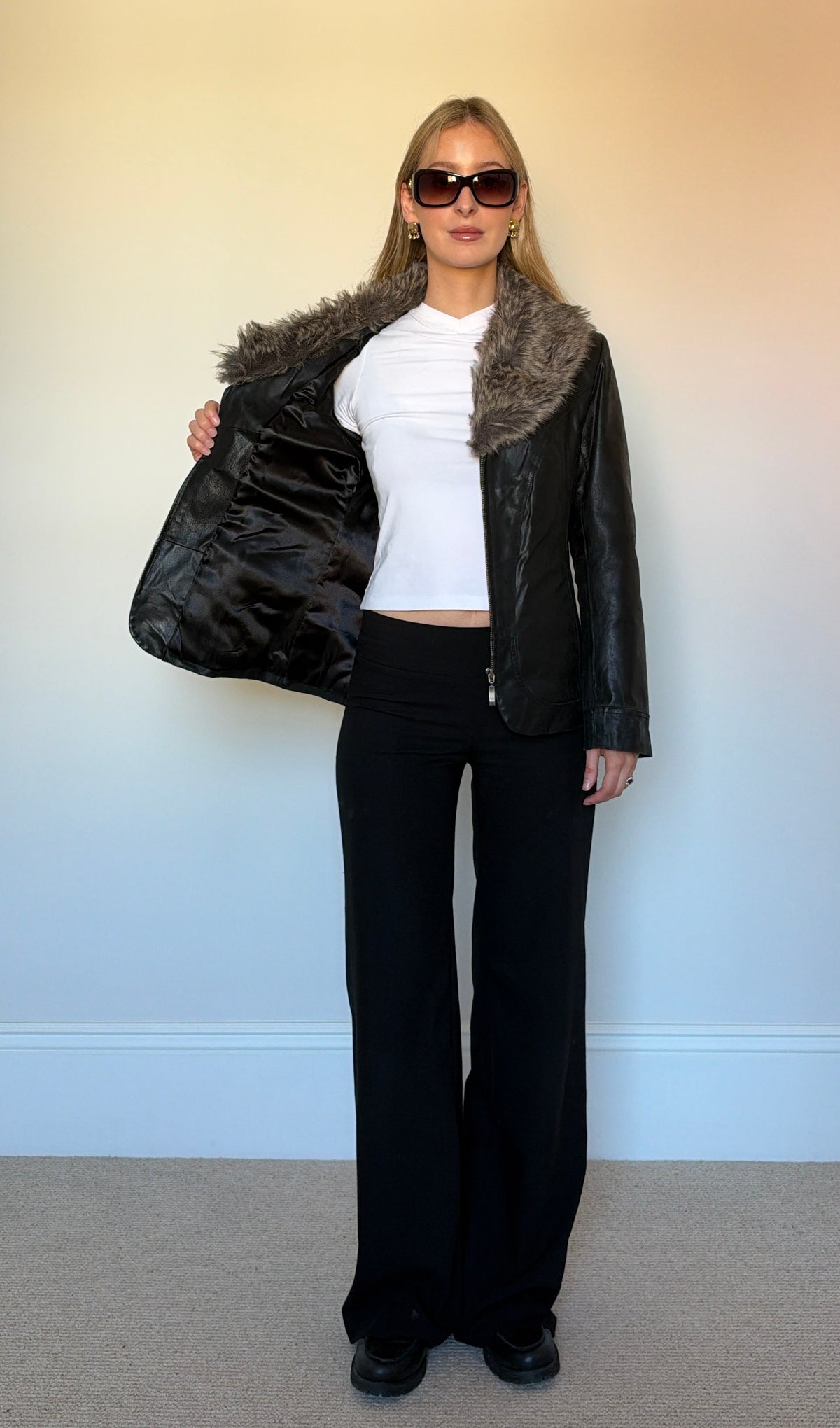 Vintage leather & fur collar jacket