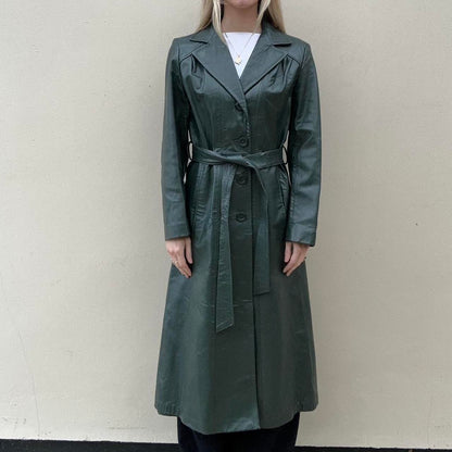 Vintage 90s forest green leather trench coat