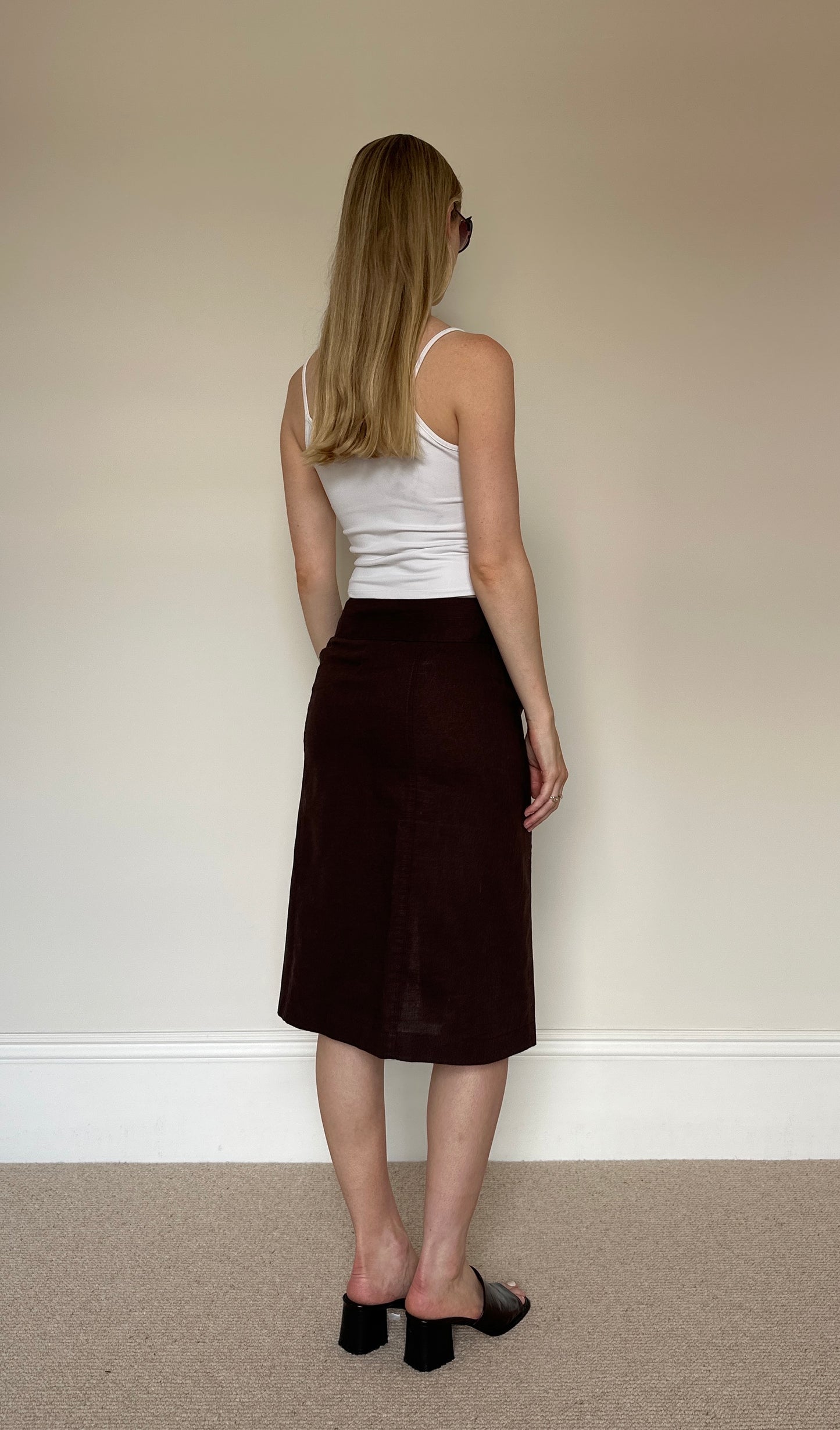 Vintage brown linen buckle midi skirt
