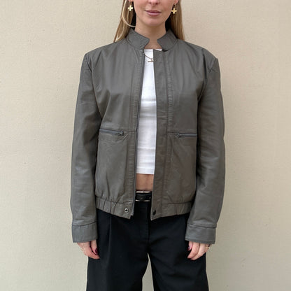 Vintage grey leather bomber jacket