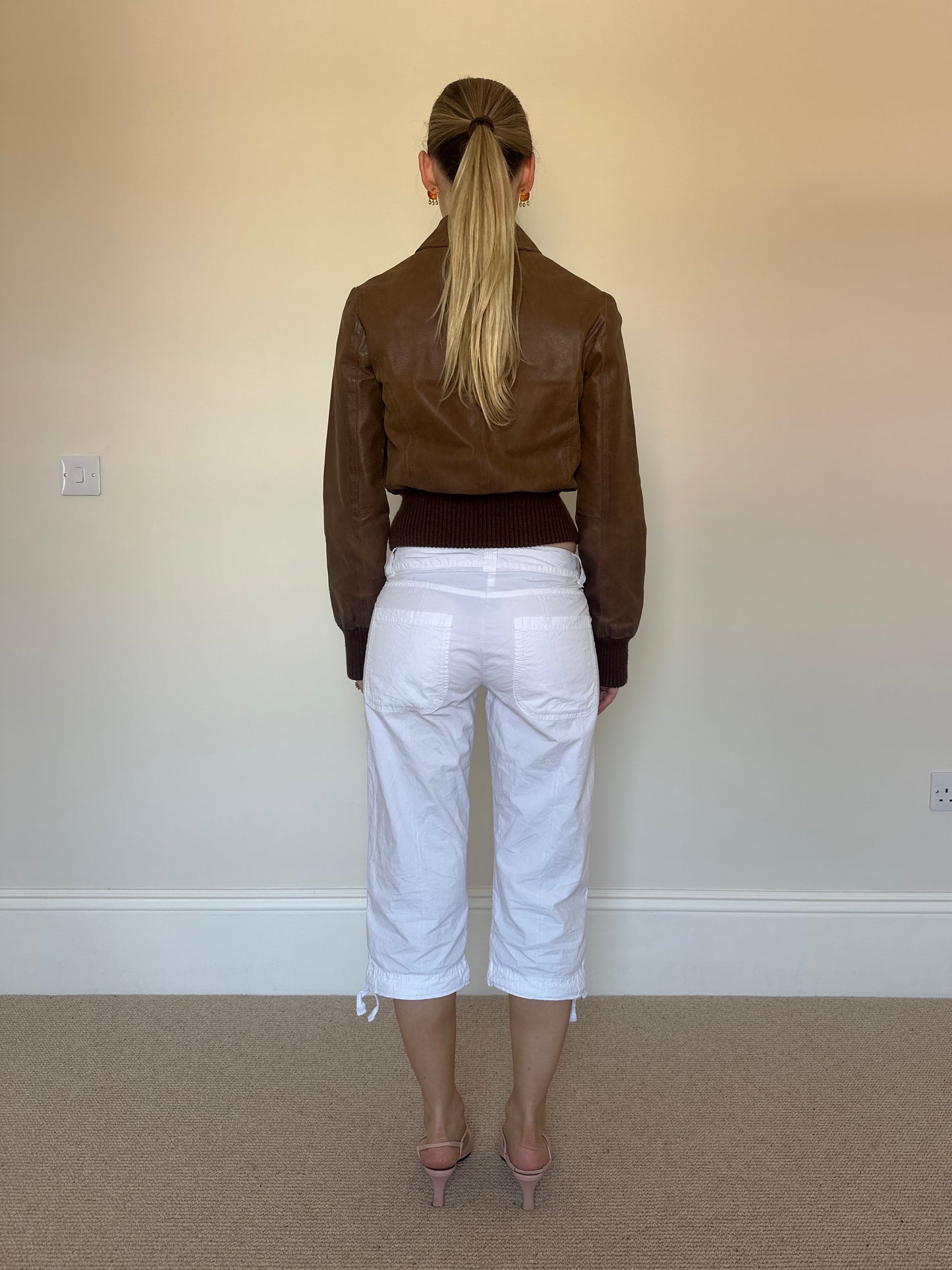 Brown leather bomber jacket