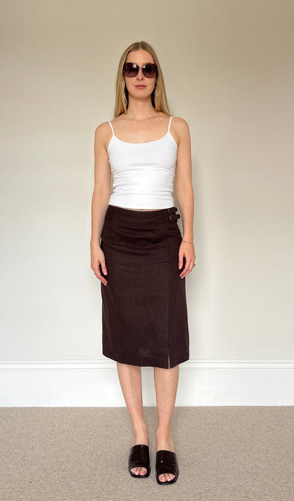 Vintage brown linen buckle midi skirt