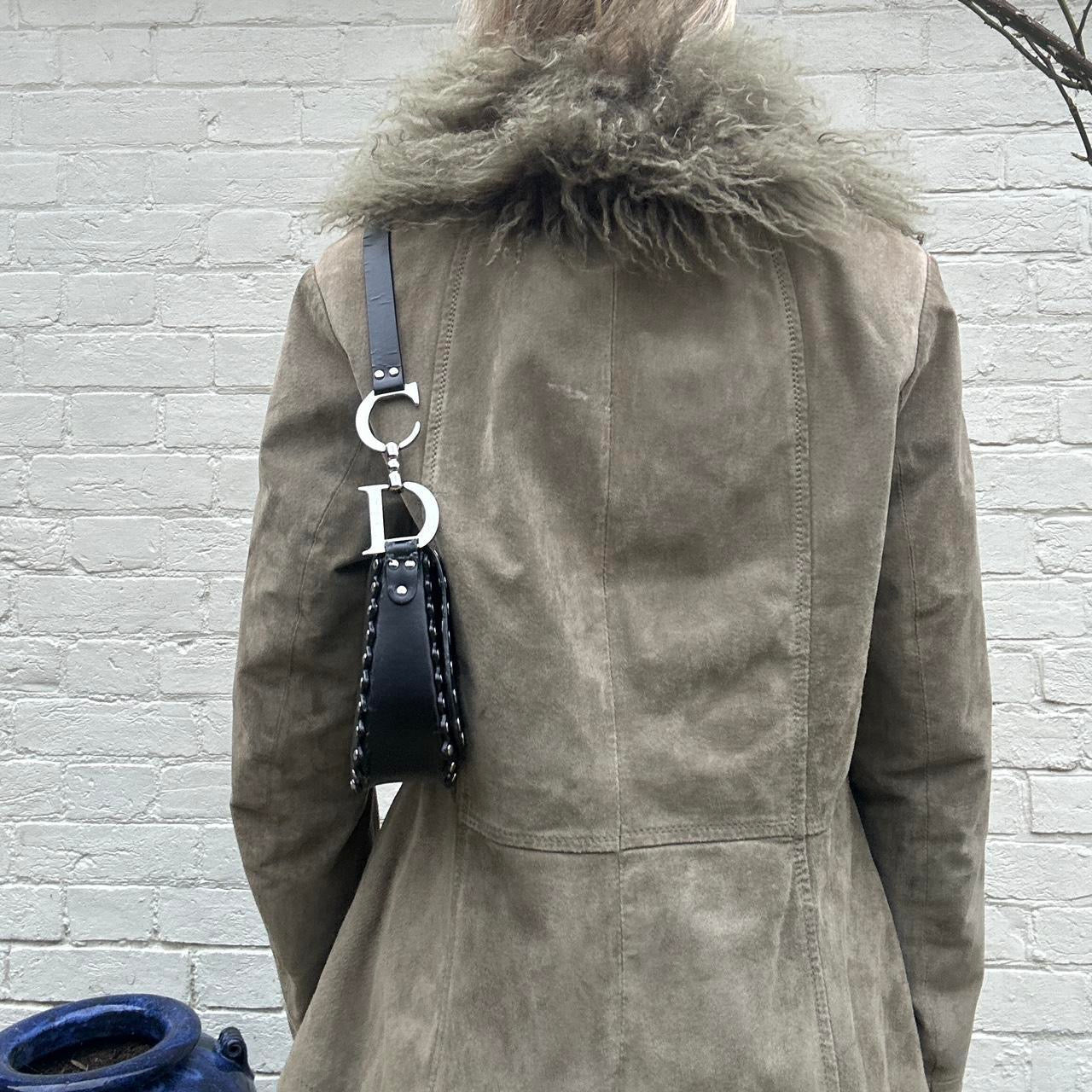 Vintage khaki Mongolian fur & genuine suede jacket