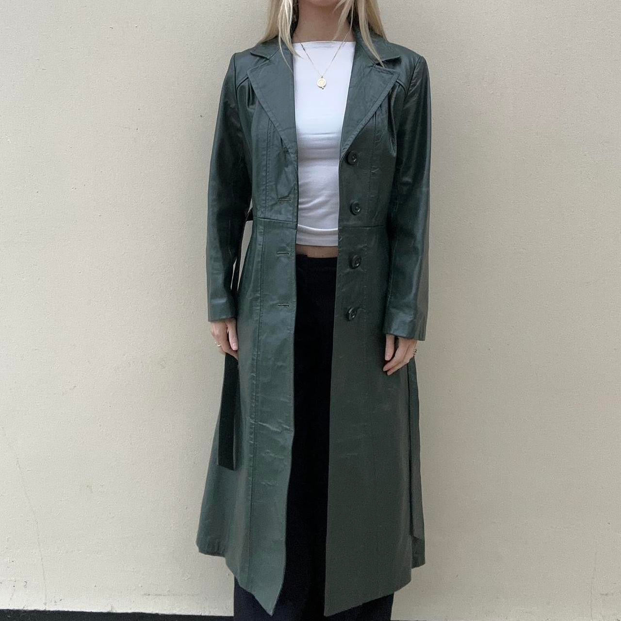 Vintage 90s forest green leather trench coat