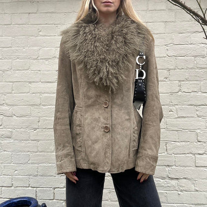 Vintage khaki Mongolian fur & genuine suede jacket