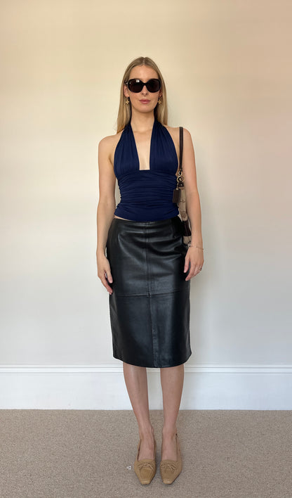 Vintage black real leather midi skirt