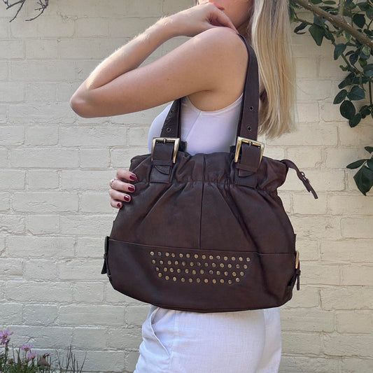 Vintage brown leather stud bag