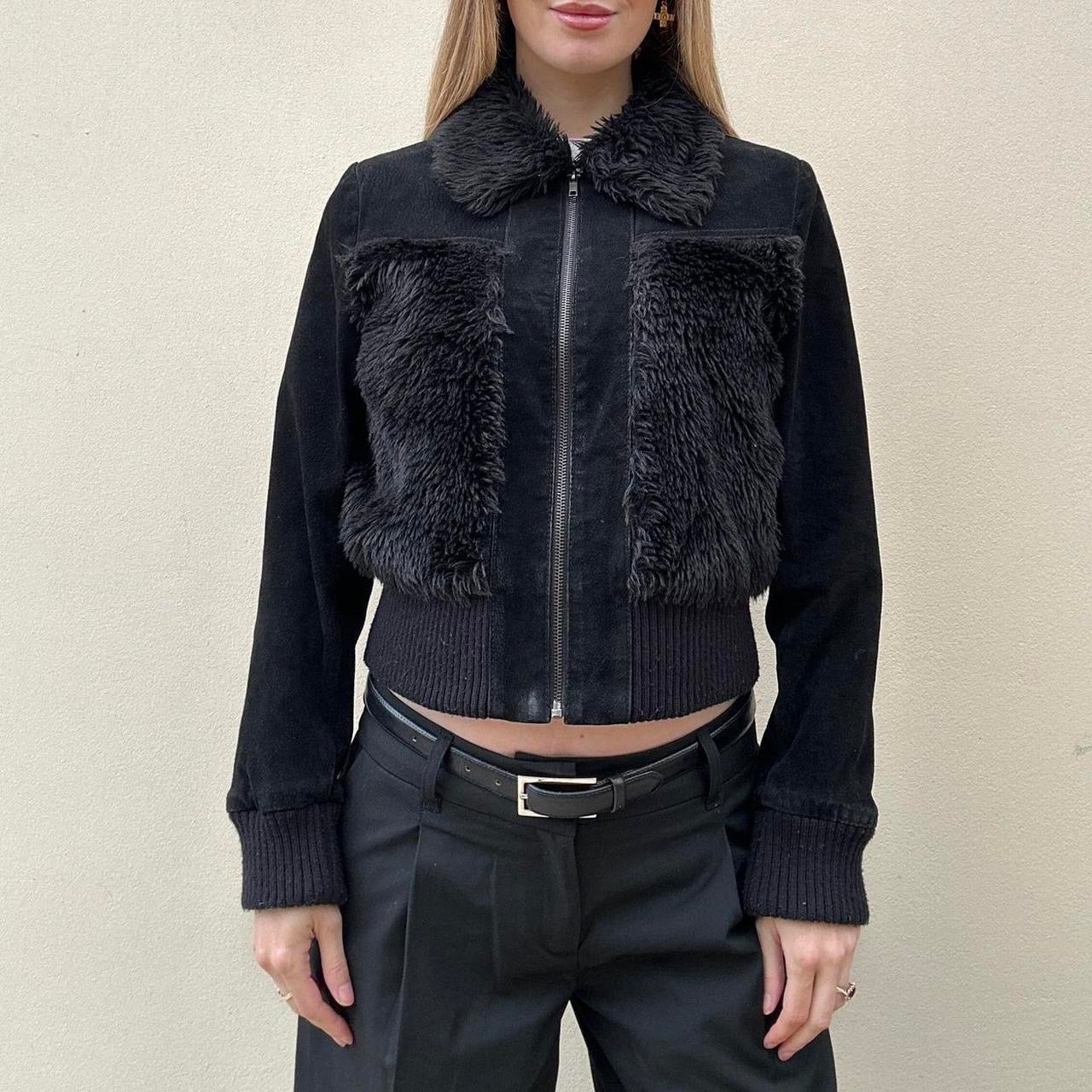 Vintage 00s black suede & fur bomber