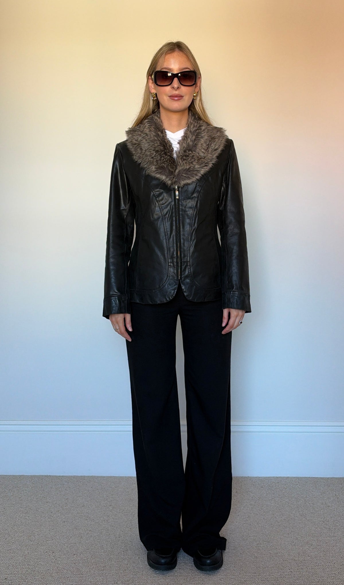Vintage leather & fur collar jacket