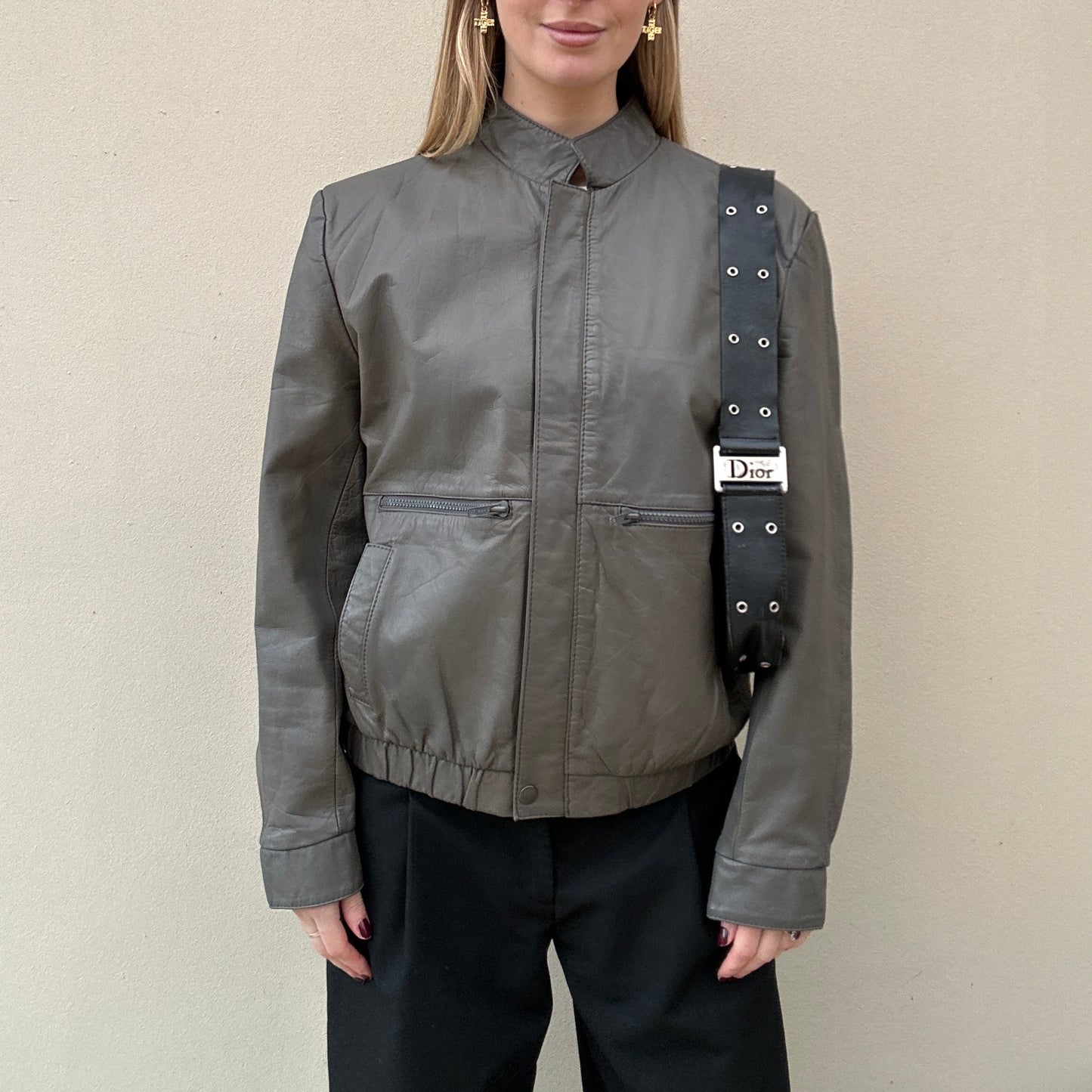 Vintage grey leather bomber jacket