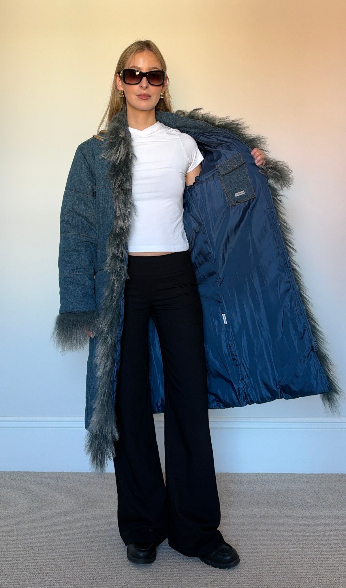 Vintage denim mongolian fur puffer coat