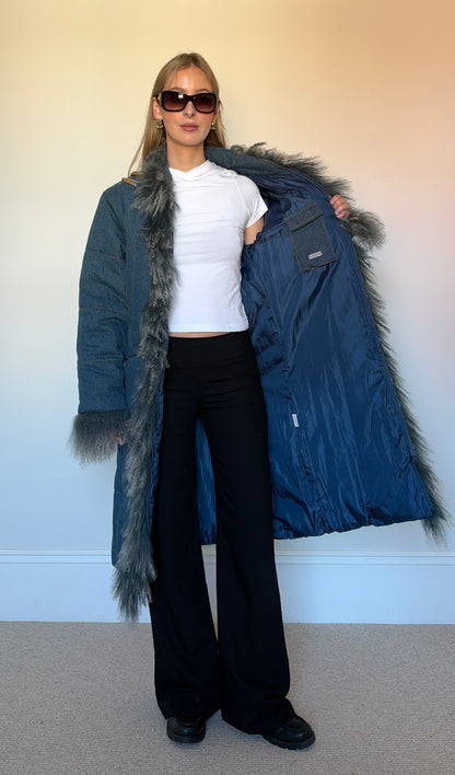 Vintage denim mongolian fur puffer coat