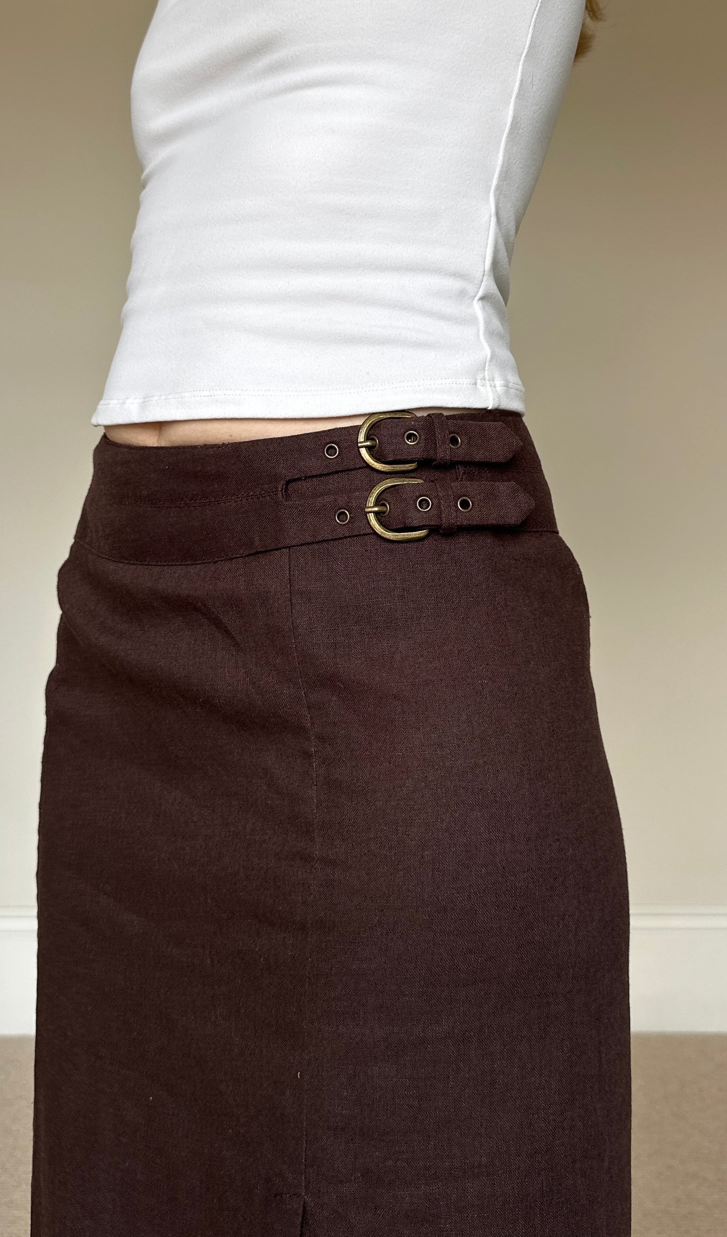 Vintage brown linen buckle midi skirt