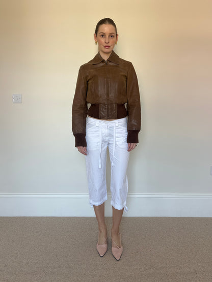 Brown leather bomber jacket