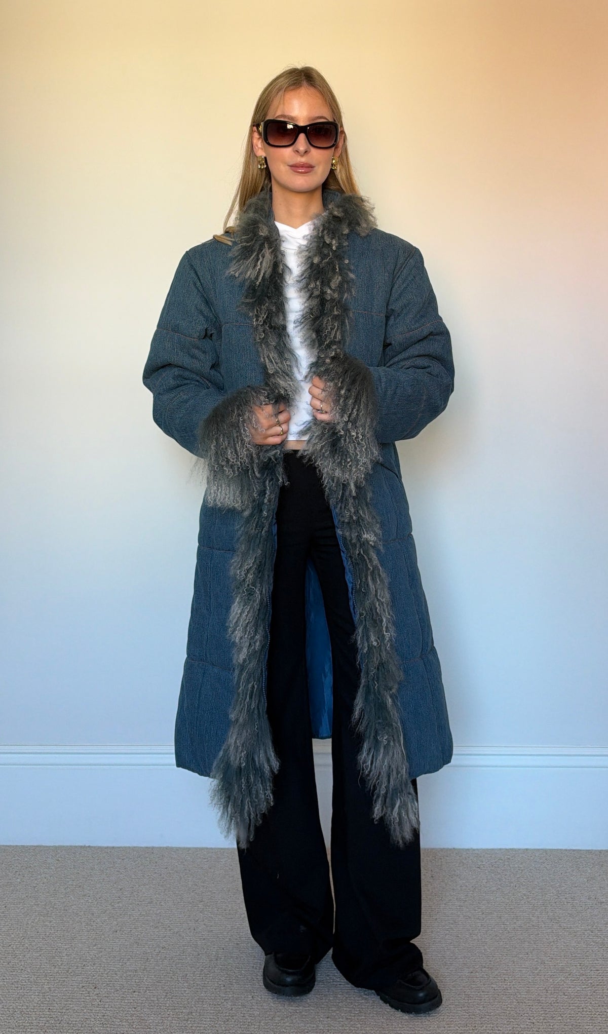 Vintage denim mongolian fur puffer coat