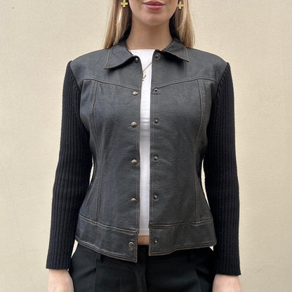 Vintage 00s leather & knit jumper jacket