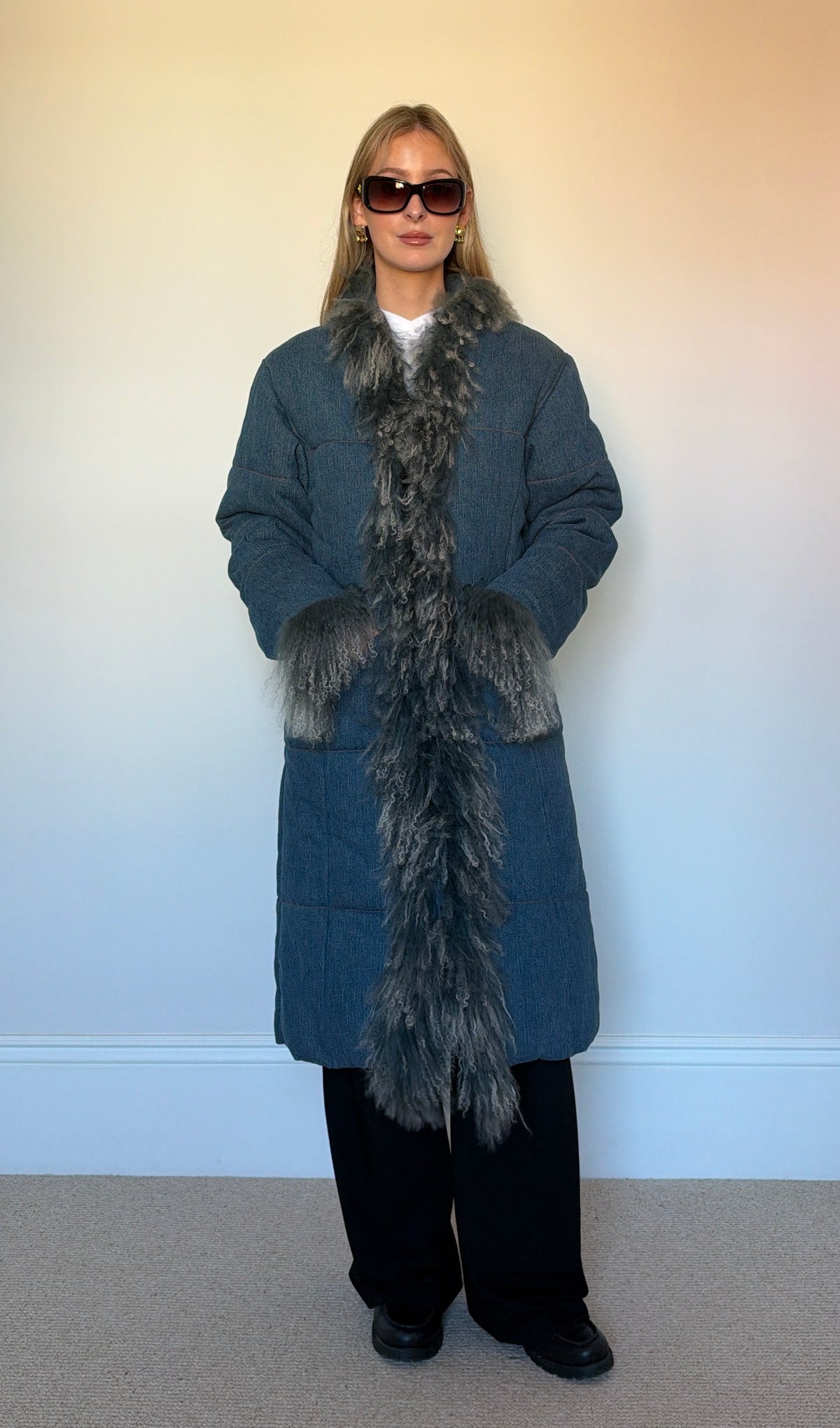 Vintage denim mongolian fur puffer coat