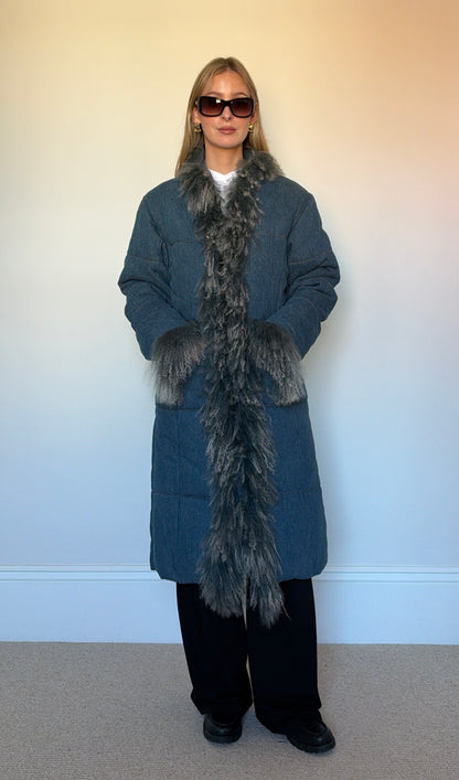 Vintage denim mongolian fur puffer coat