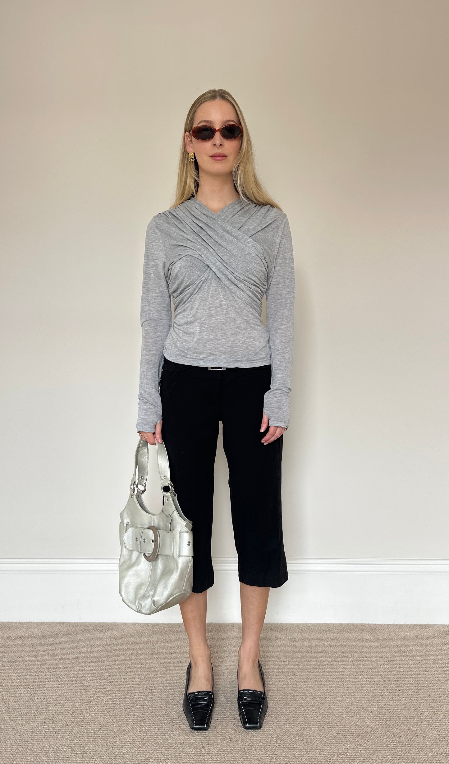 00s Grey Drape Long-sleeve Top