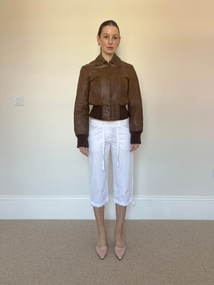 Brown leather bomber jacket