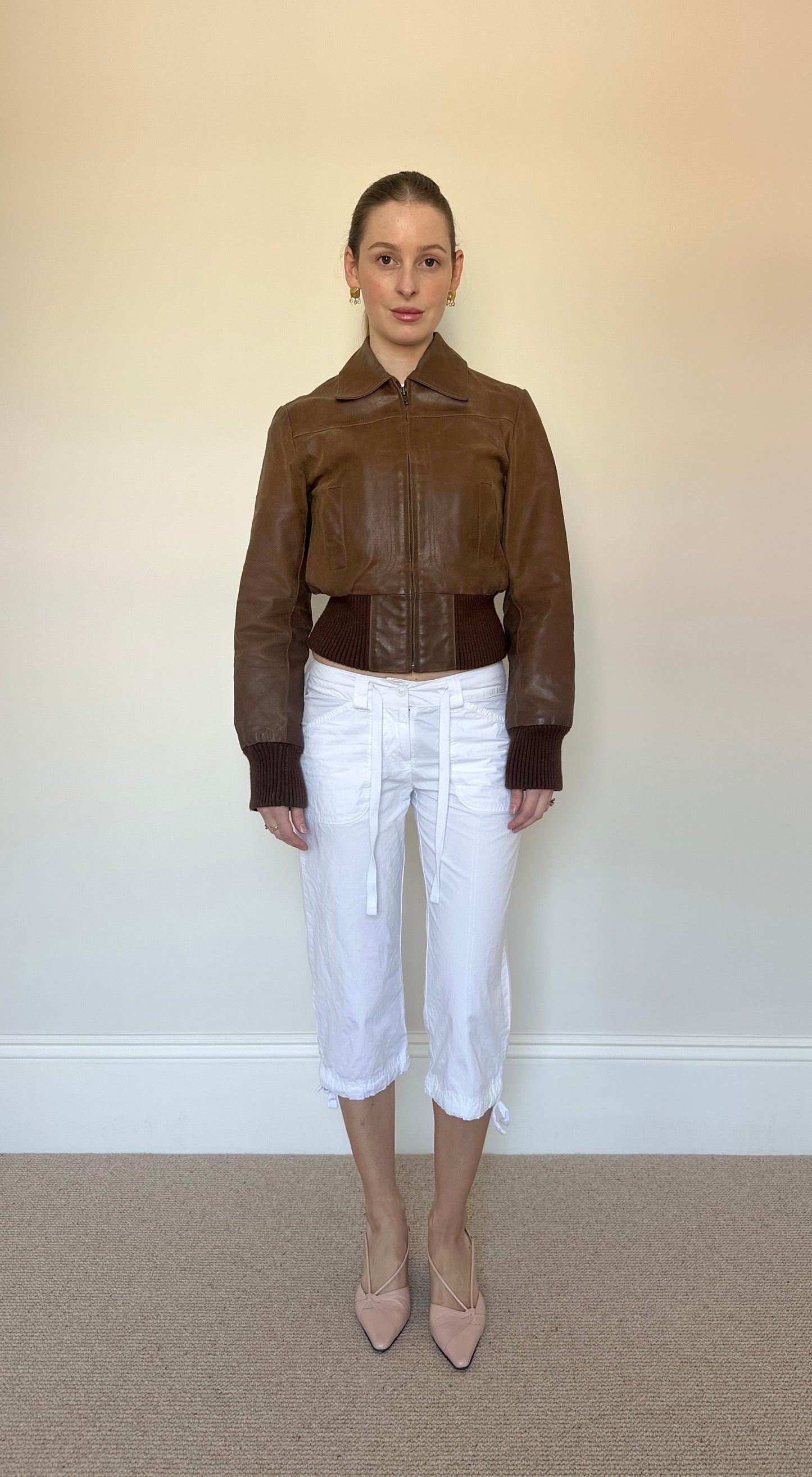 Brown leather bomber jacket