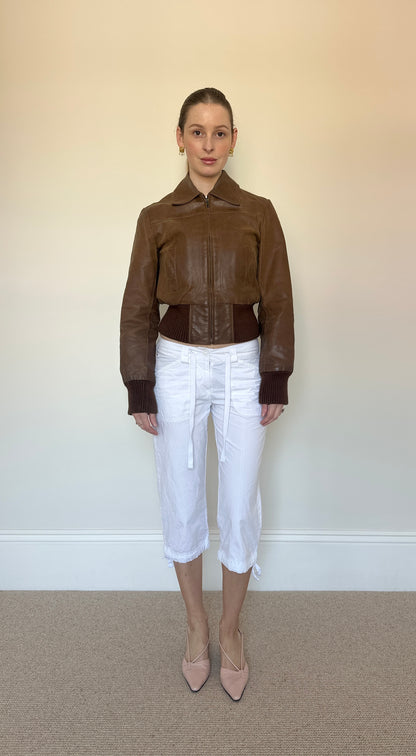 Brown leather bomber jacket