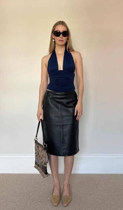 Vintage black real leather midi skirt