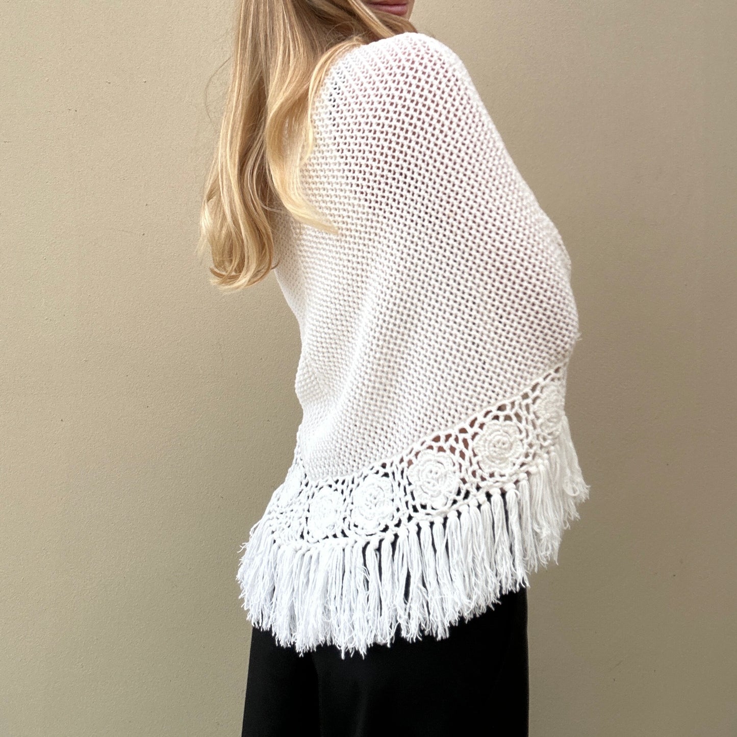 Cream knitted Tassle poncho