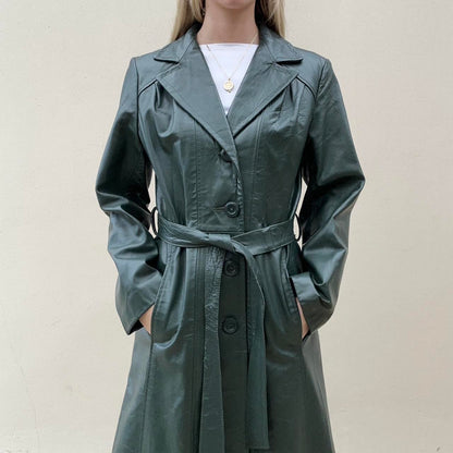 Vintage 90s forest green leather trench coat