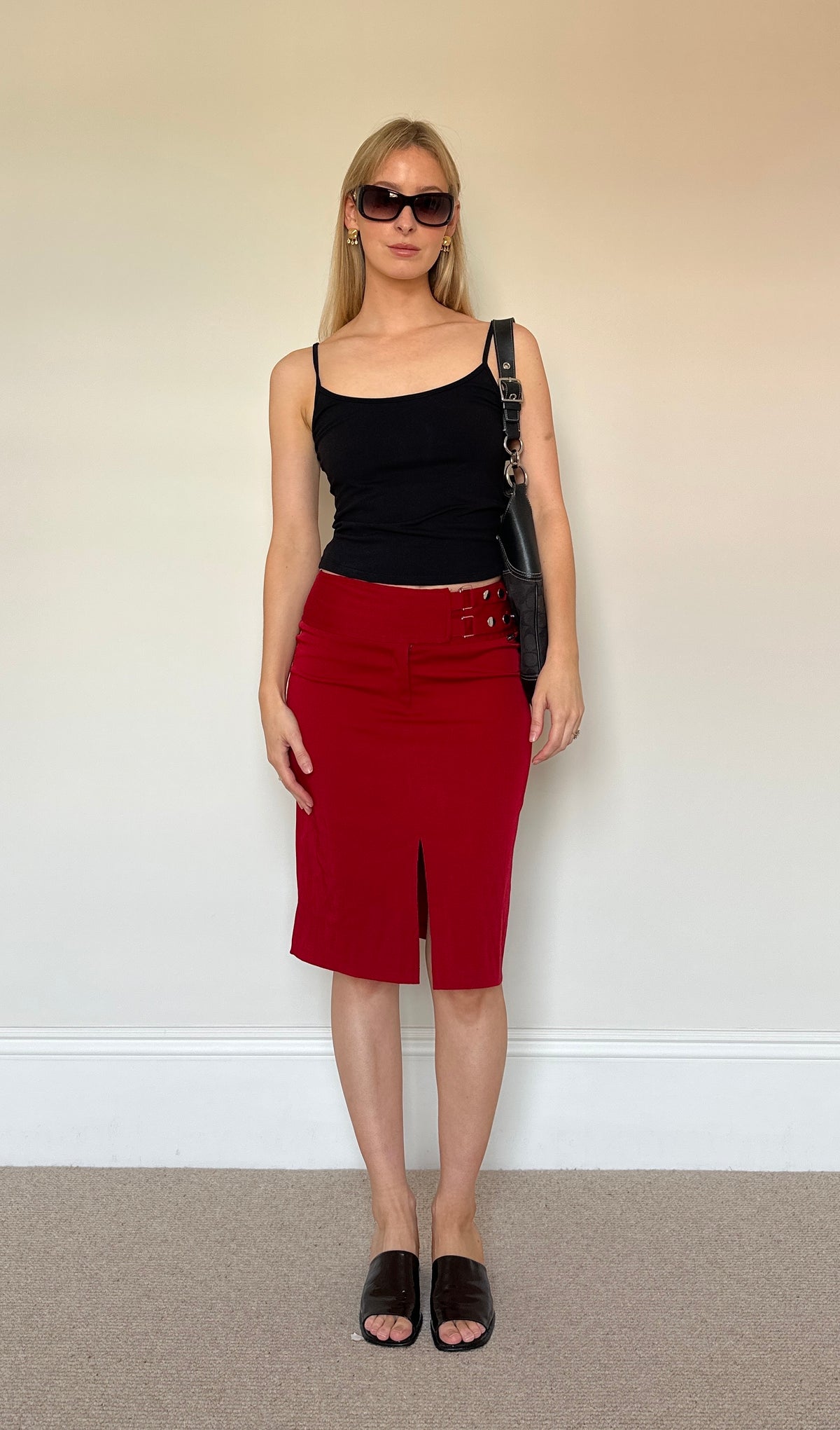 Vintage red buckle midi skirt