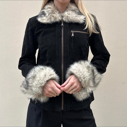 Vintage 00s black suede & fur jacket