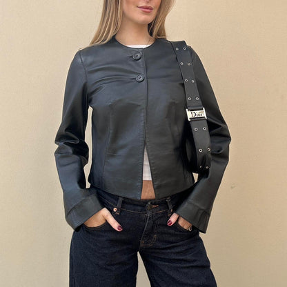 Vintage 00s collarless leather jacket