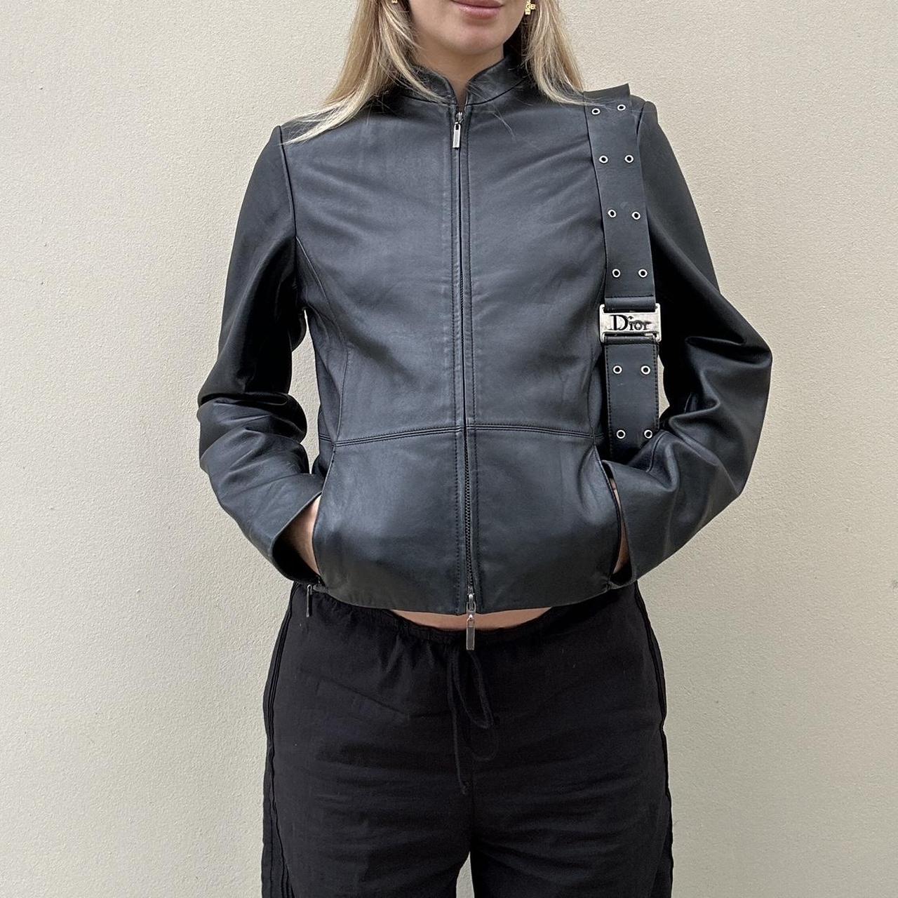 90s Black leather jacket with double zipper