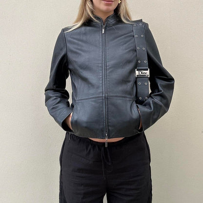 90s Black leather jacket with double zipper