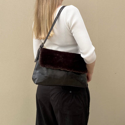 Brown faux fur & faux leather shoulder bag
