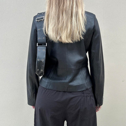 90s Black leather jacket with double zipper