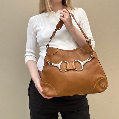 Tan leather horsebit shoulder bag