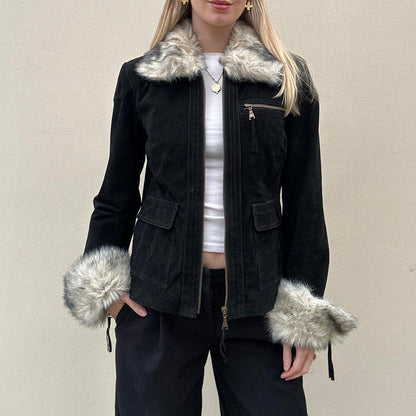 Vintage 00s black suede & fur jacket