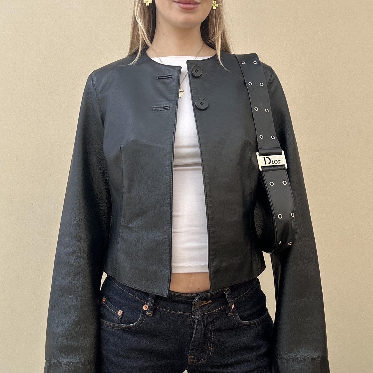 Vintage 00s collarless leather jacket