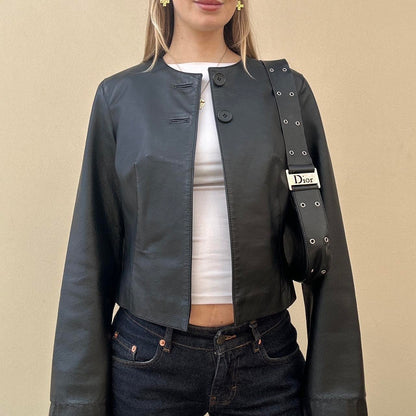 Vintage 00s collarless leather jacket