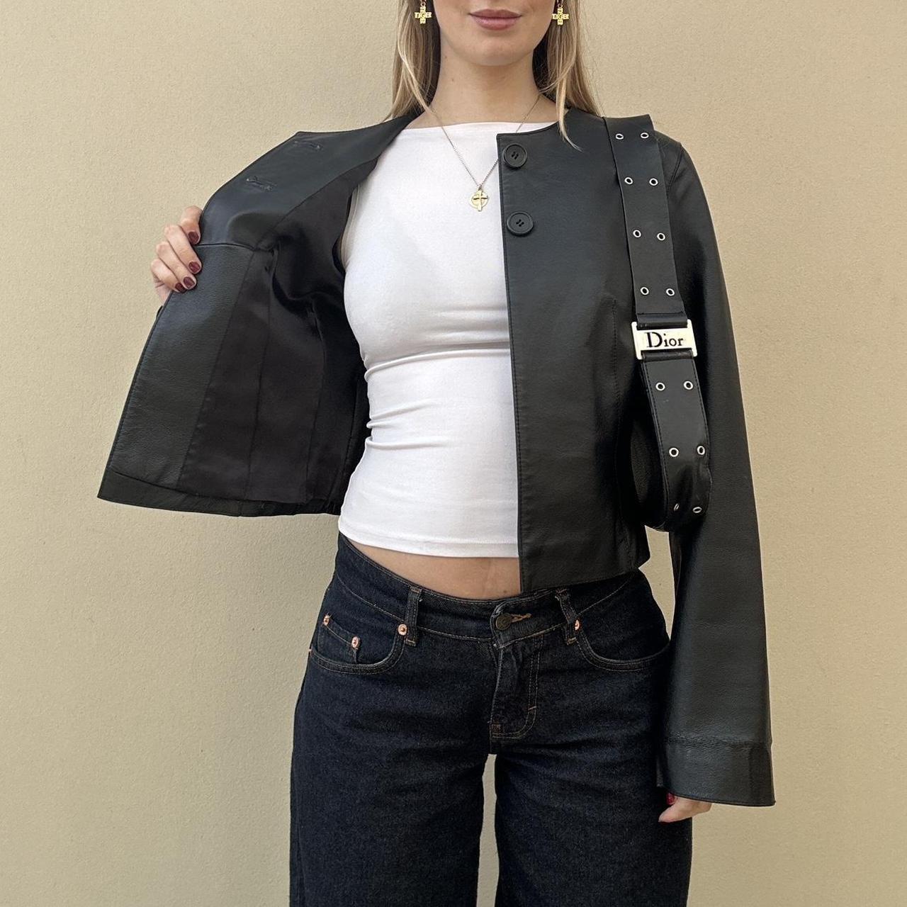 Vintage 00s collarless leather jacket