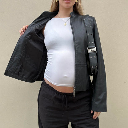 90s Black leather jacket with double zipper