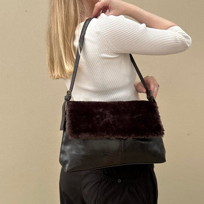 Brown faux fur & faux leather shoulder bag