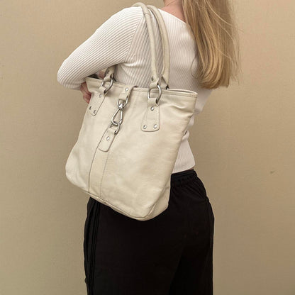 Cream leather tote bag with silver hardware